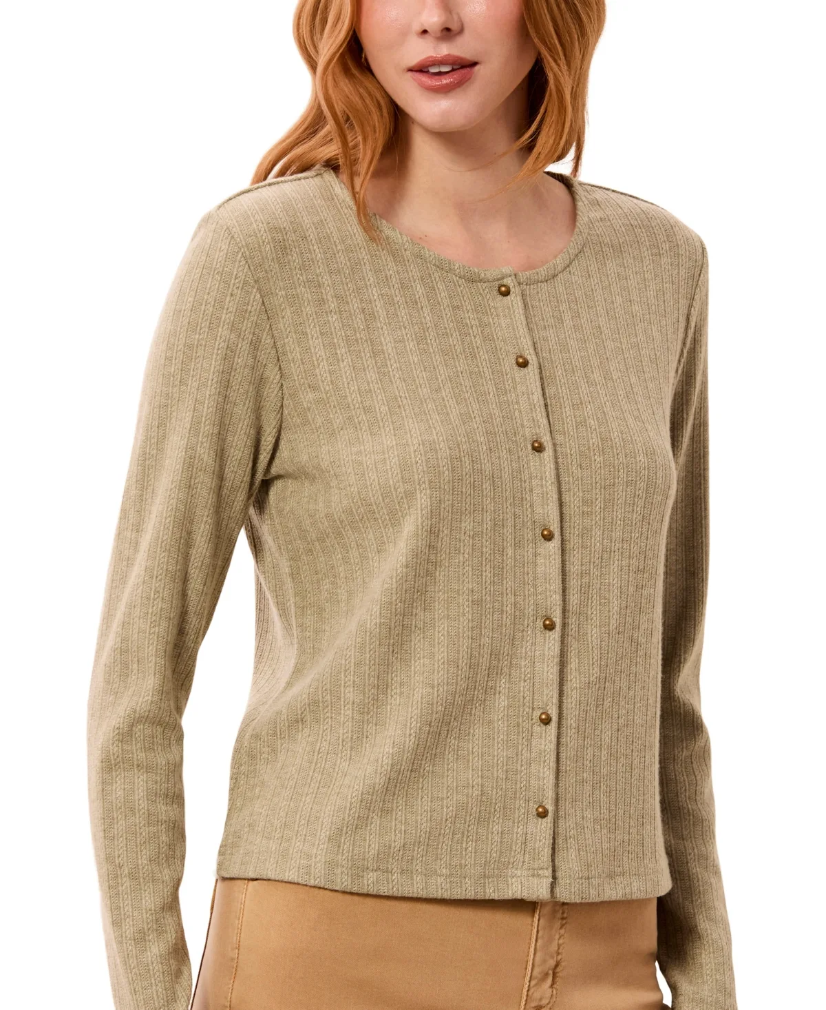 Vertical Cable Knit Crewneck Cardigan by Tribal