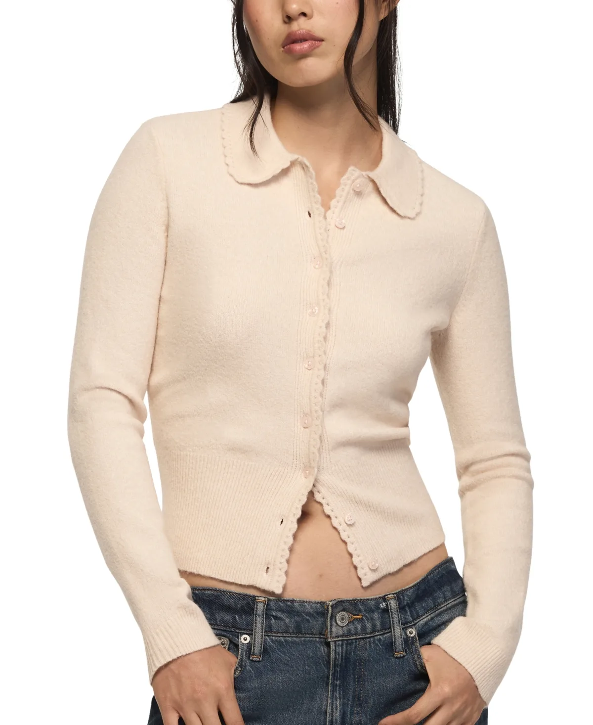 Long Sleeve Peter Pan Collar Scalloped Cardigan by Lucky Brand