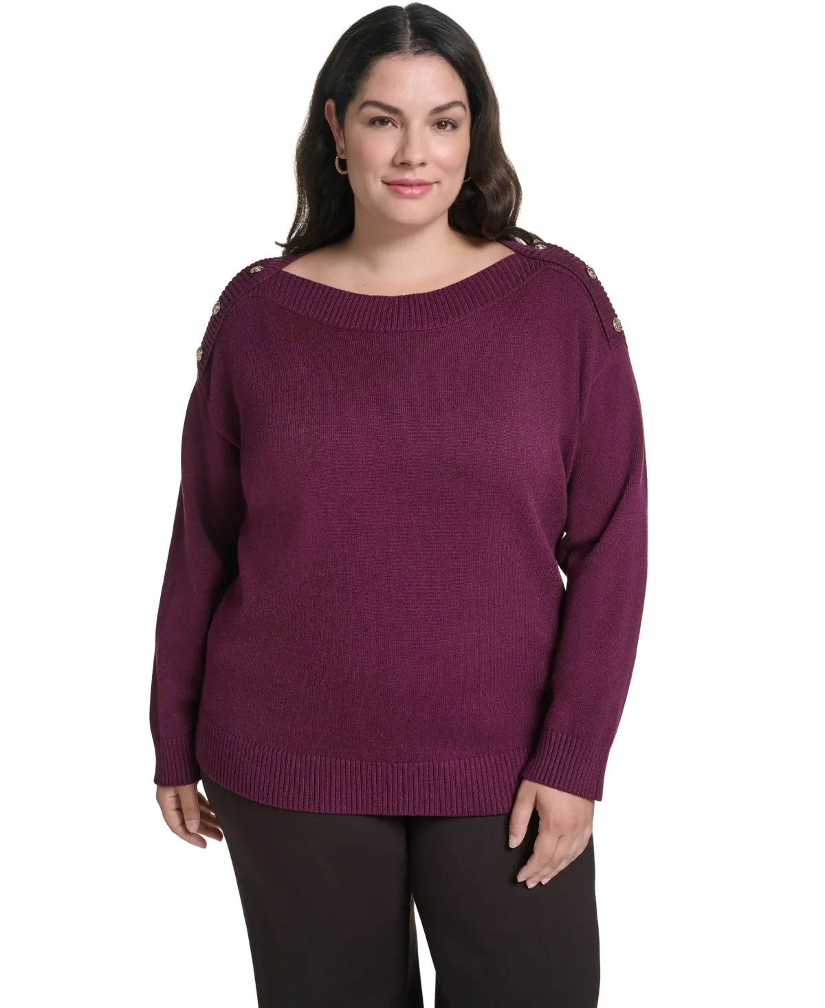 Boatneck Button Shoulder Overlay Sweater by Karl Lagerfeld Paris
