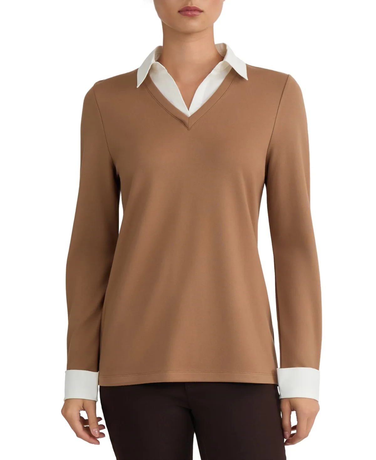 Collared Long-Sleeve Poplin Combo Trim Sweater by Jones New York