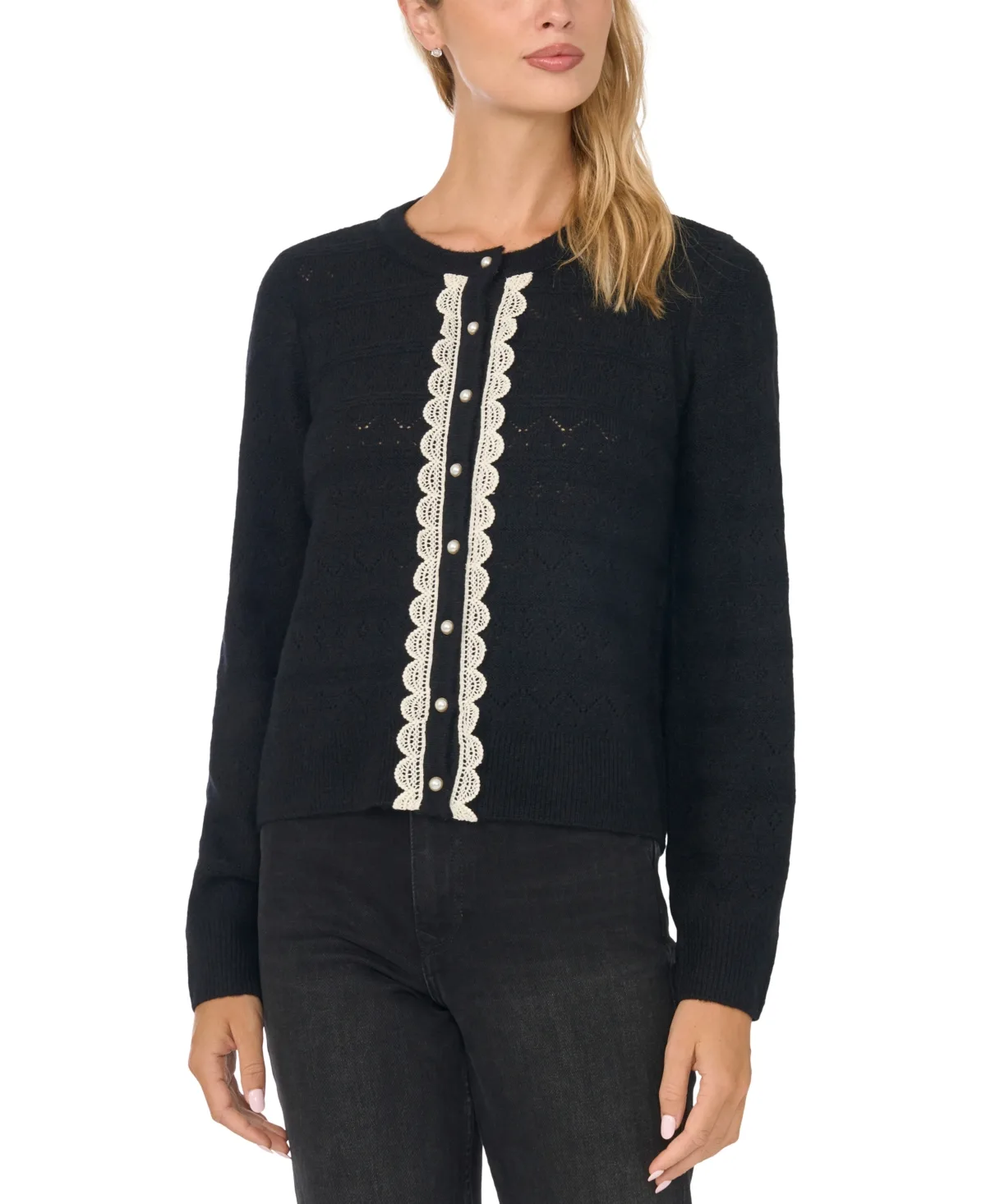 Pointelle Lace-Trim Cardigan