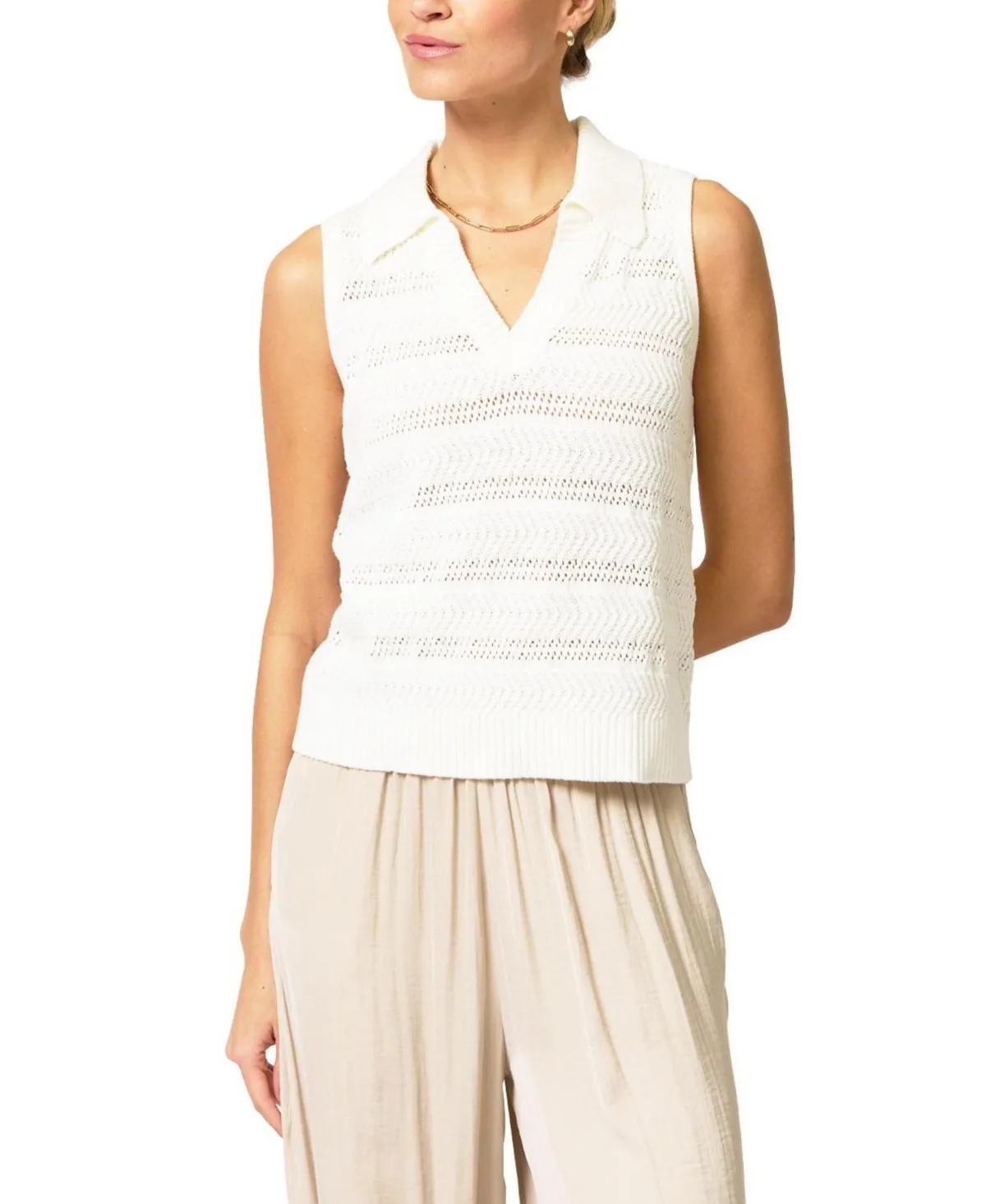 Avery Pointelle Sleeveless Polo Collar V-Neck Sweater Vest by Central Park West