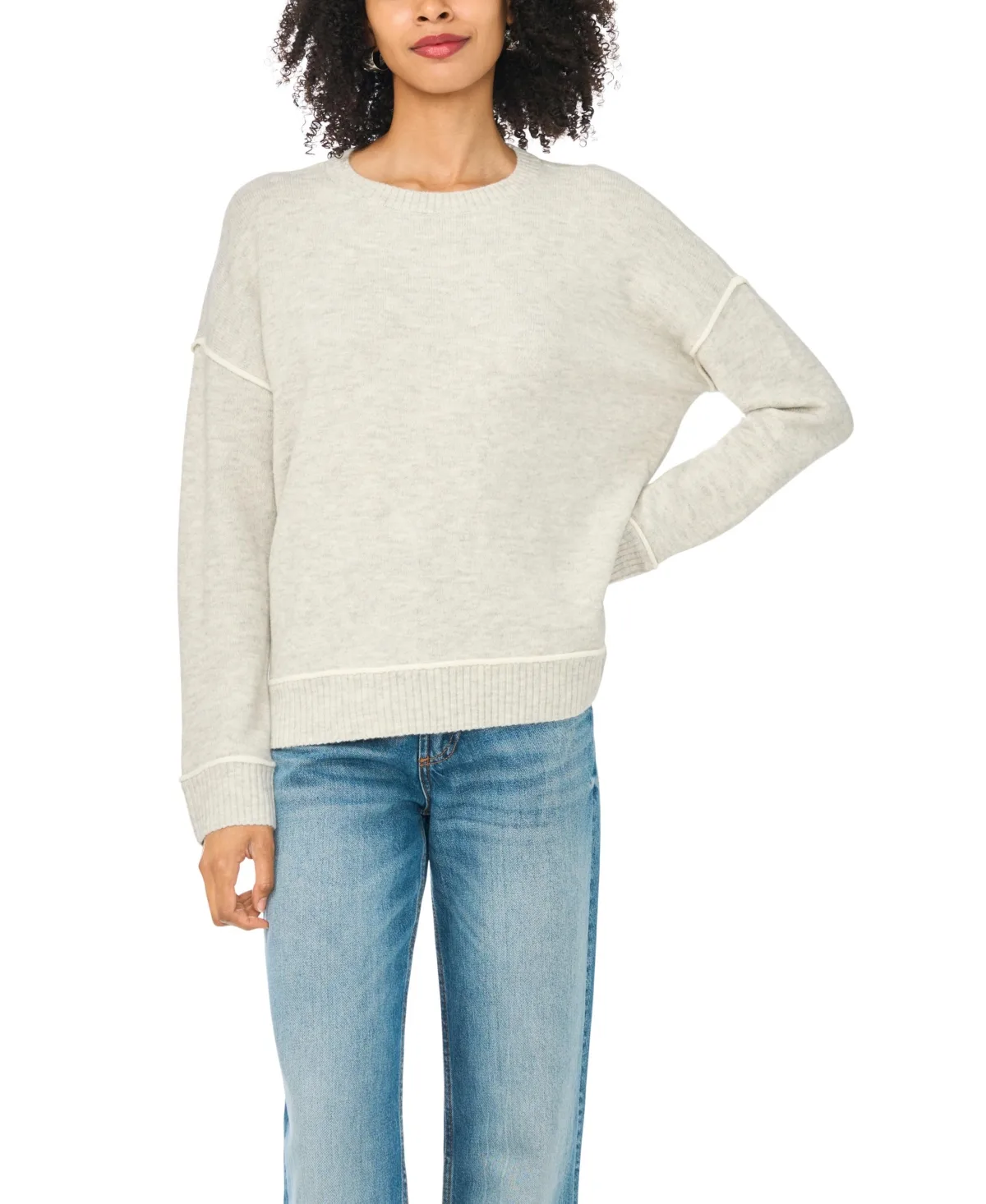 Long Sleeve Crewneck with Contrast Stitching Sweater by Vince Camuto