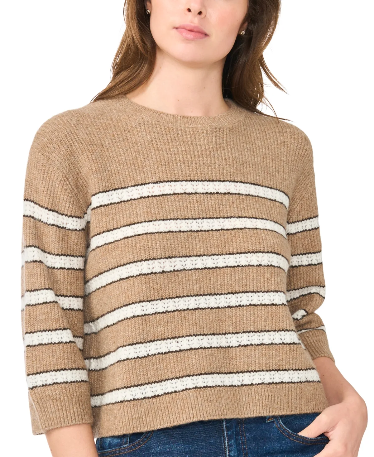 Stripe Pointelle 3/4-Sleeve Crewneck Sweater by Cece