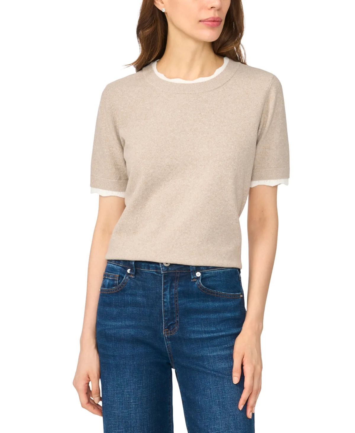 Lace-Trim Crewneck Short-Sleeve Sweater by Cece