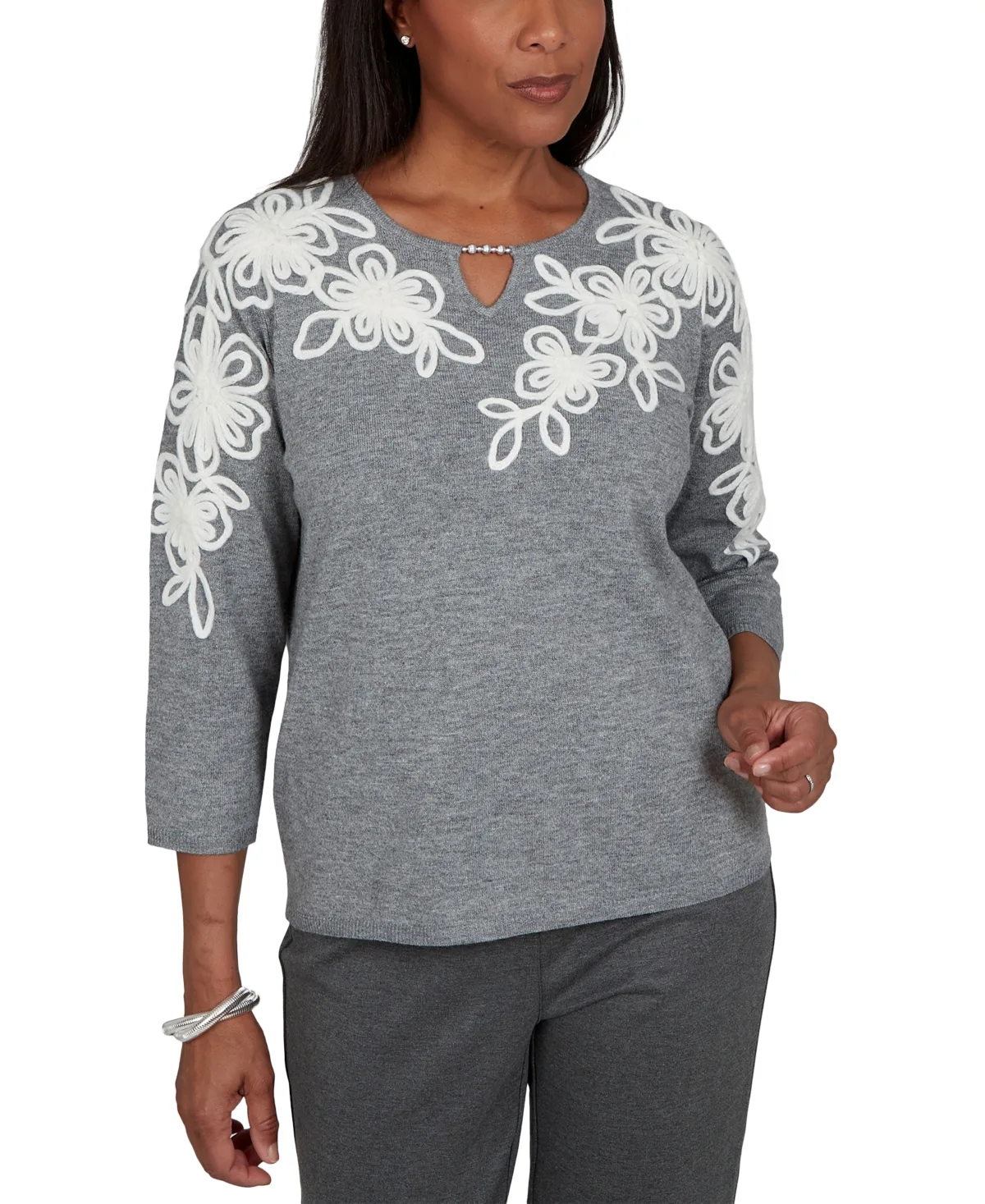 Floral Embroidery Keyhole 3/4-Sleeve Sweater by Alfred Dunner