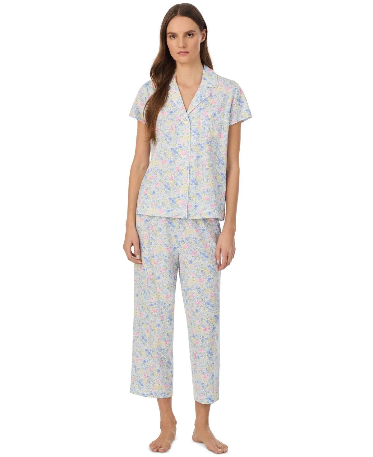 Short-Sleeve Notch Collar Cropped Pant Pajama Set by Lauren Ralph Lauren