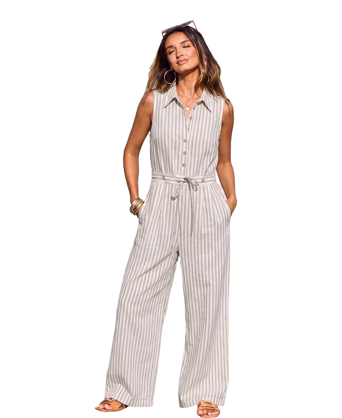 Vertical-Stripe Sleeveless Wide-Leg Jumpsuit by Cupshe