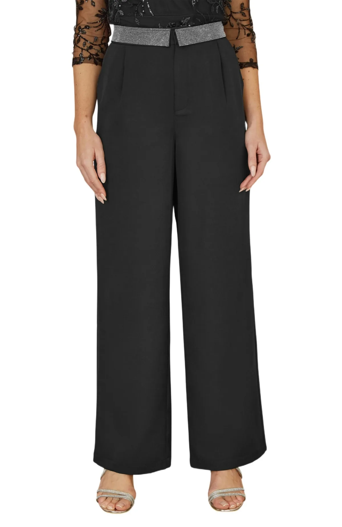 Diamante Waistband Wide Leg Trousers by Yumi