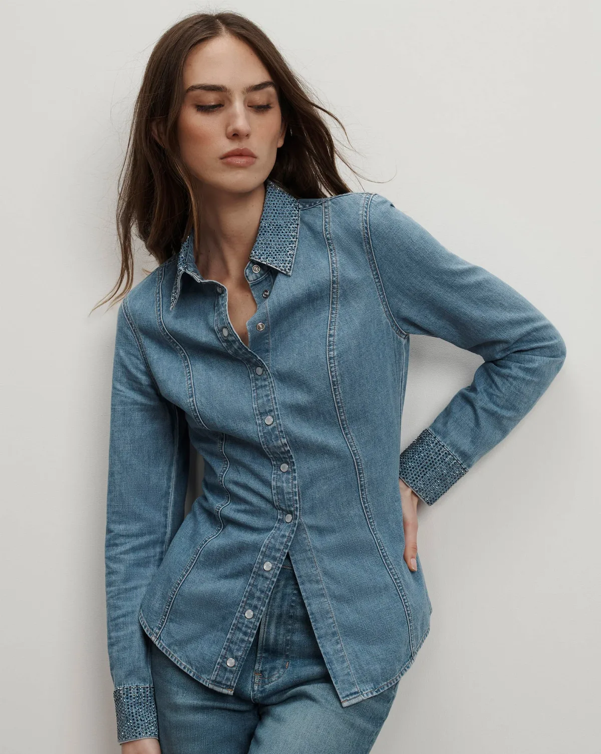 Eddie Embellished Chambray Shirt by Veronica Beard