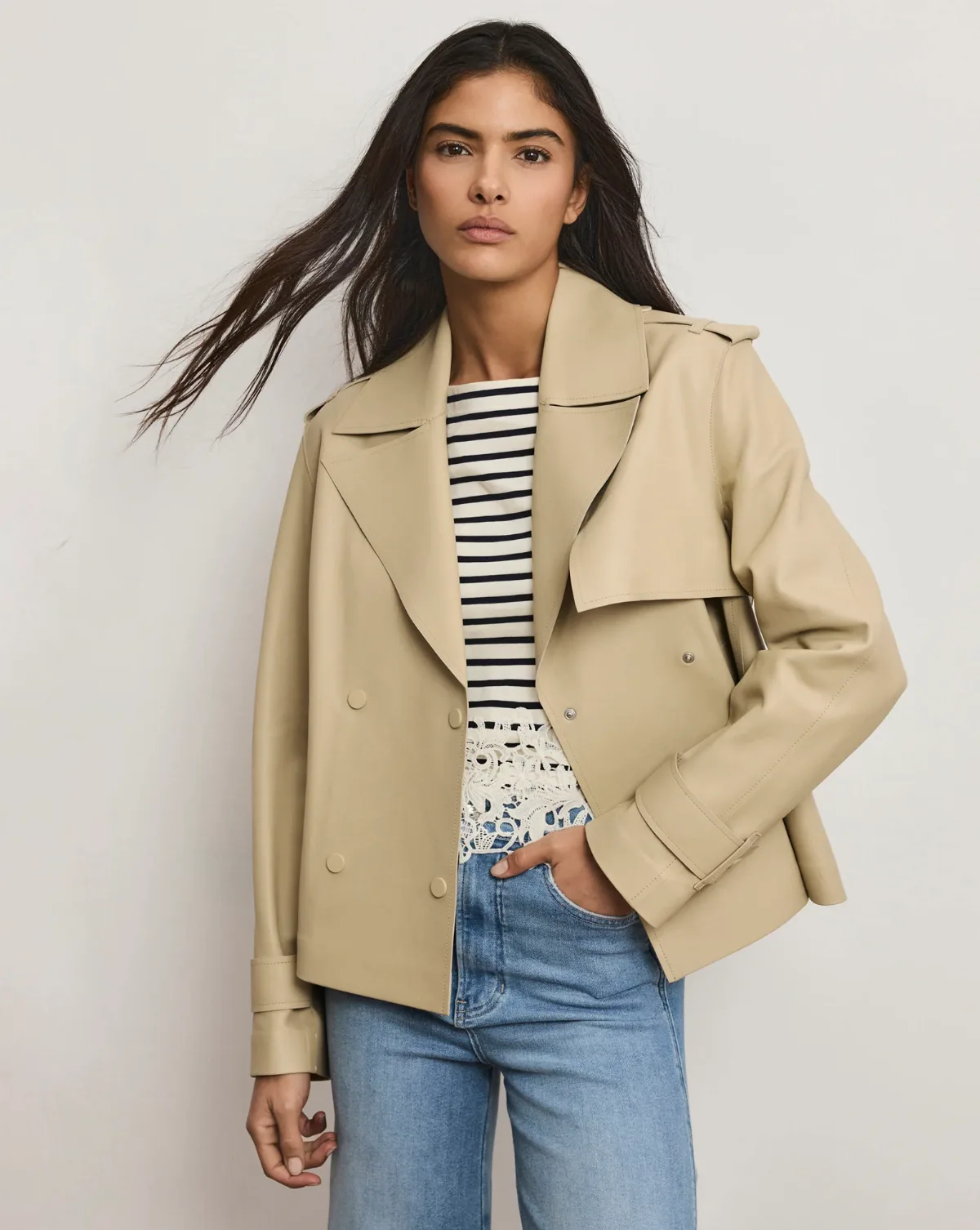 Heathcliff Cropped Leather Trench Coat by Veronica Beard
