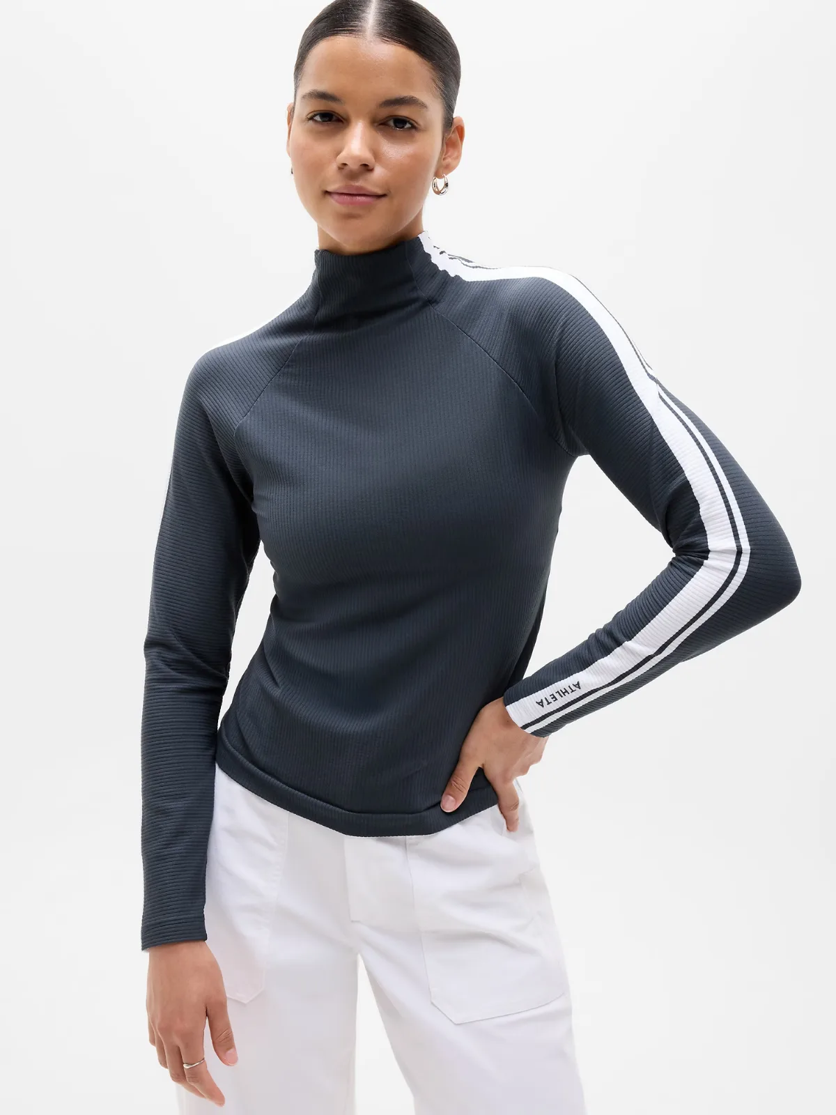 Renew Seamless Mock Neck Stripe Logo Top by Athleta