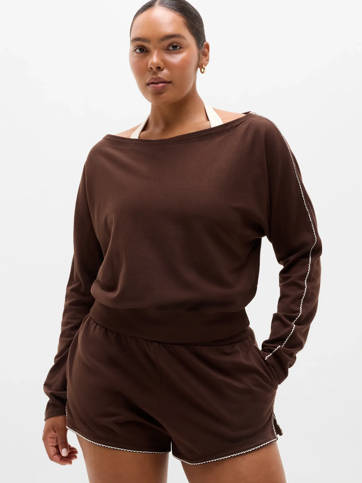 Airy Cotton Terry Boatneck Picot Sweatshirt by Athleta