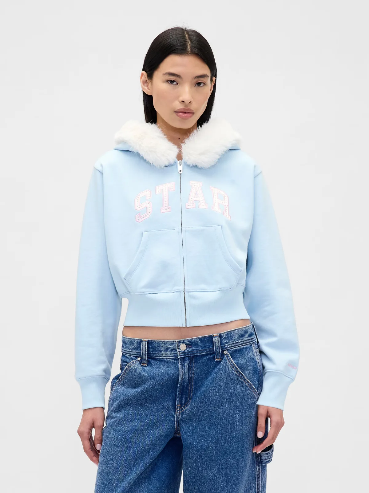 Gap x Sandy Liang Vegan Fur-Trim Crop Zip Hoodie by Gap