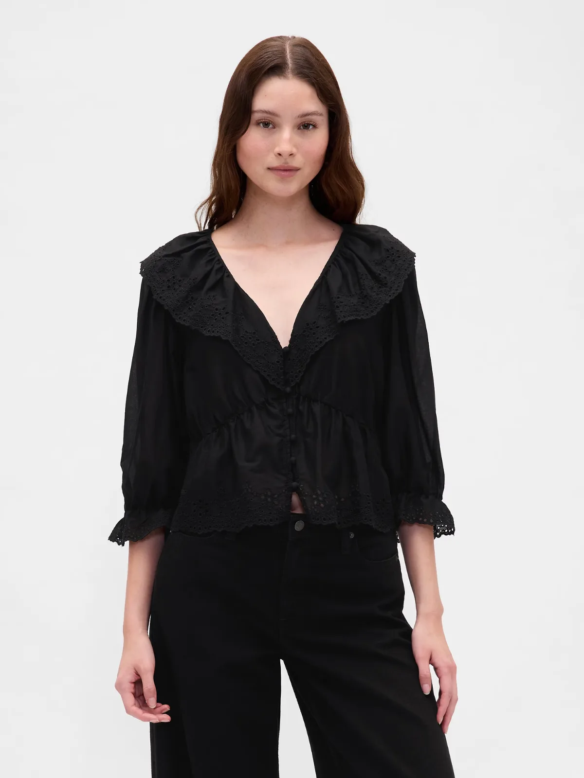 Ruffle Collar V-Neck Top by Gap