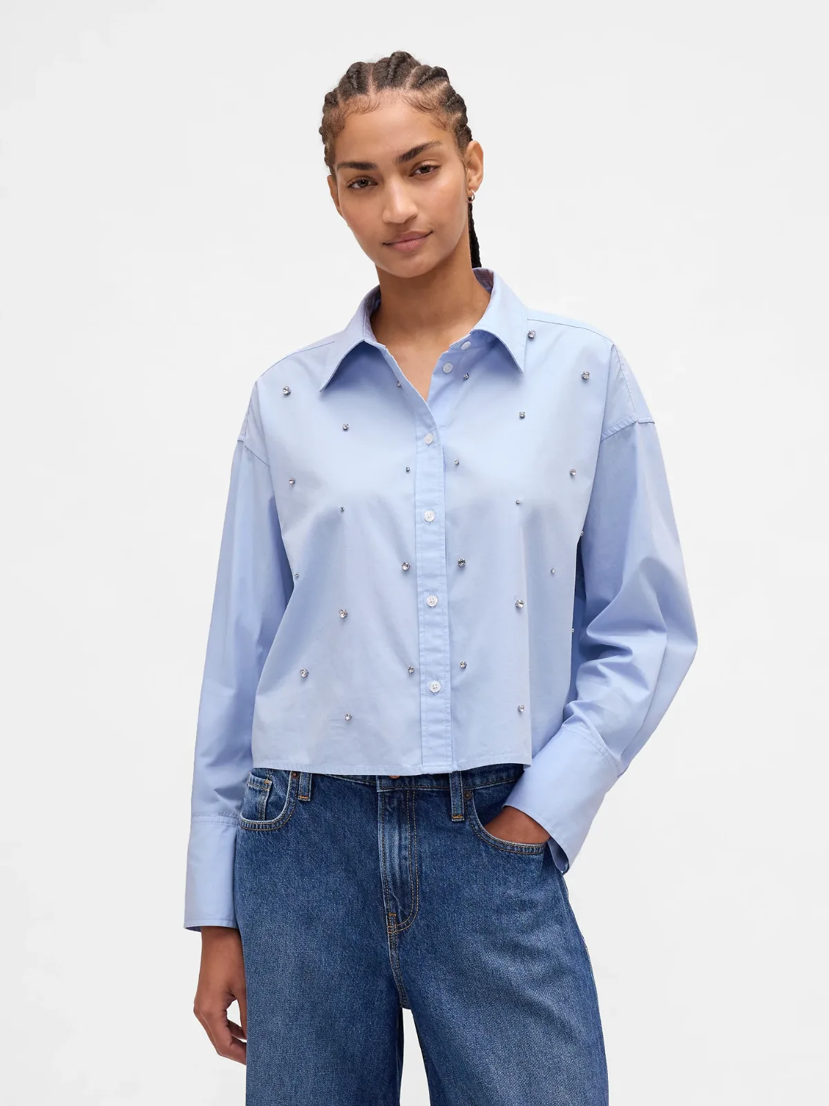 Organic Cotton Embellished Straight-Hem Crop Shirt by Gap