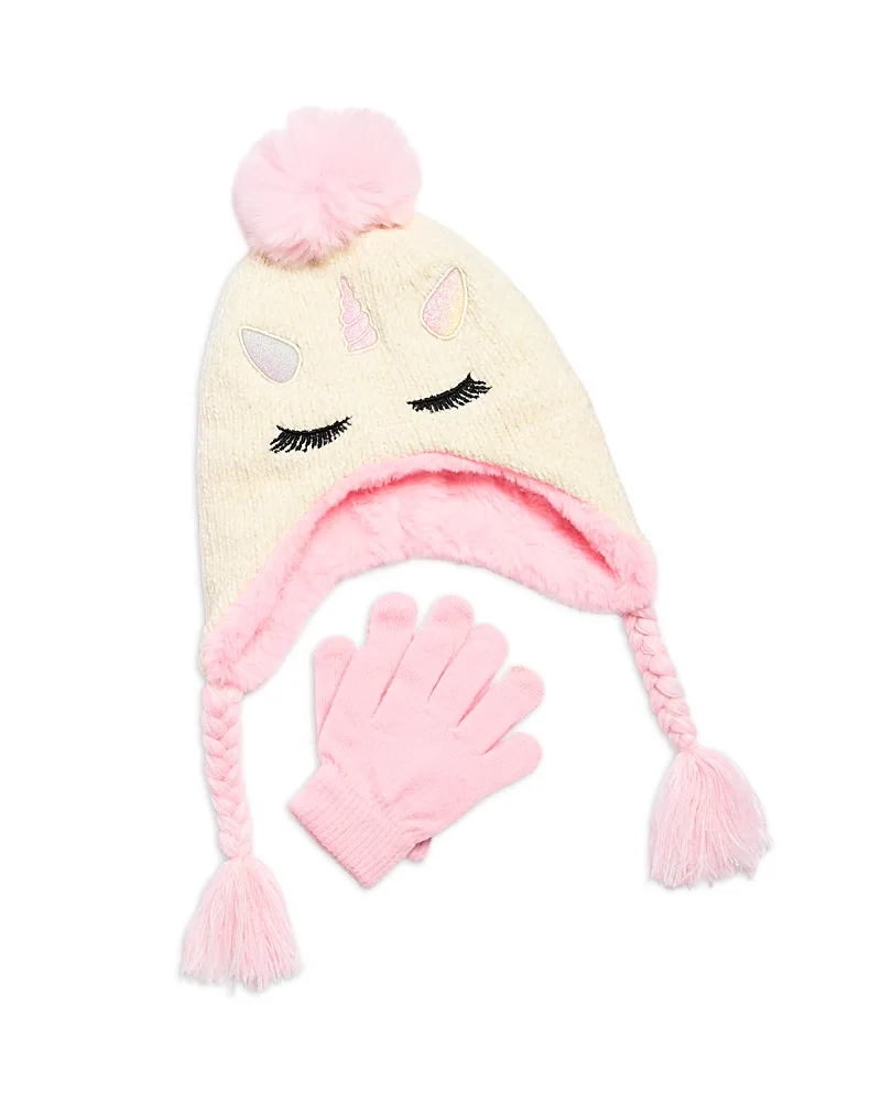 Two Piece Sweet Unicorn Chenille Hat & Magic Gloves Set by Capelli