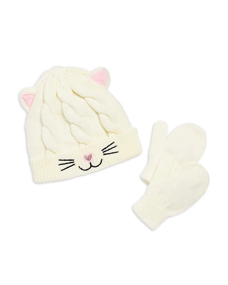 Two Piece Cable Knit Kitty Hat & Mittens Set by Capelli