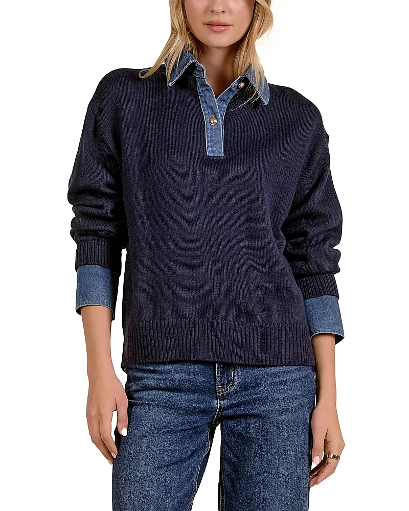 Denim Trim Collared Sweater by Elan