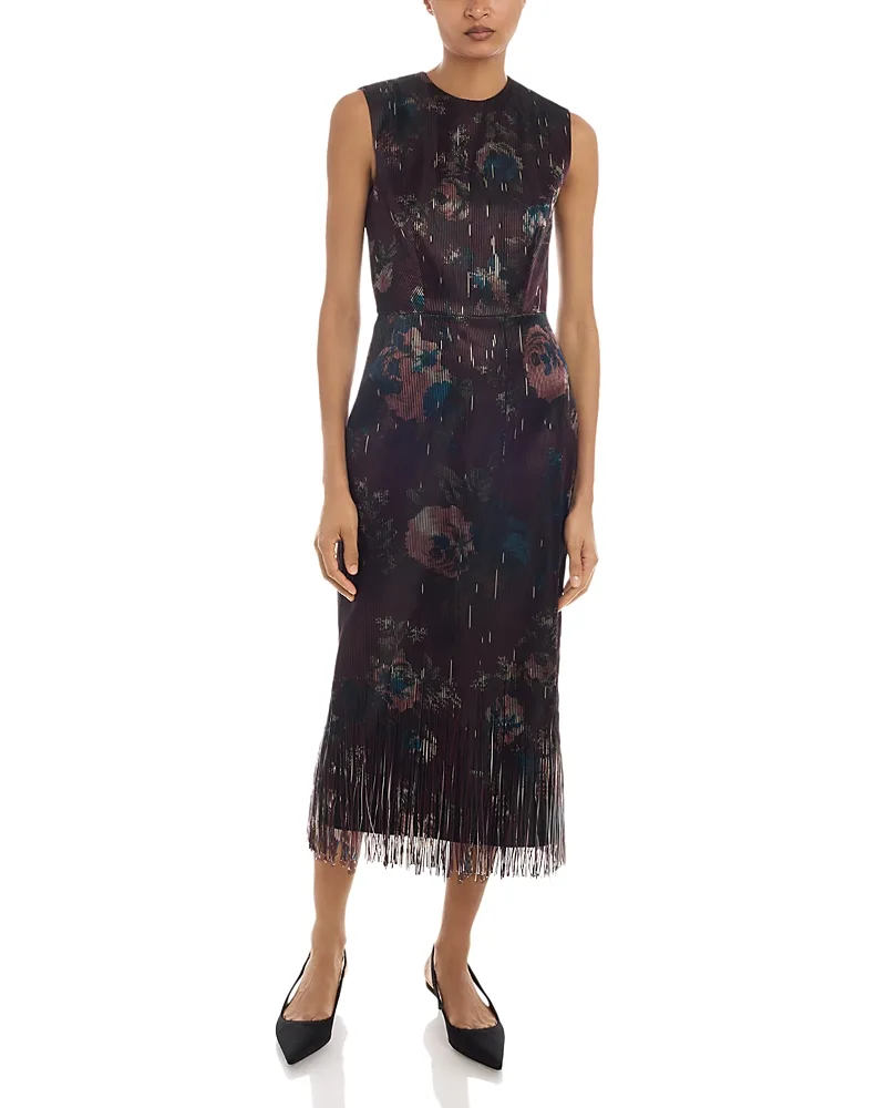 Fringe Trim Jacquard High Neck Sleeveless Midi Dress by Erdem