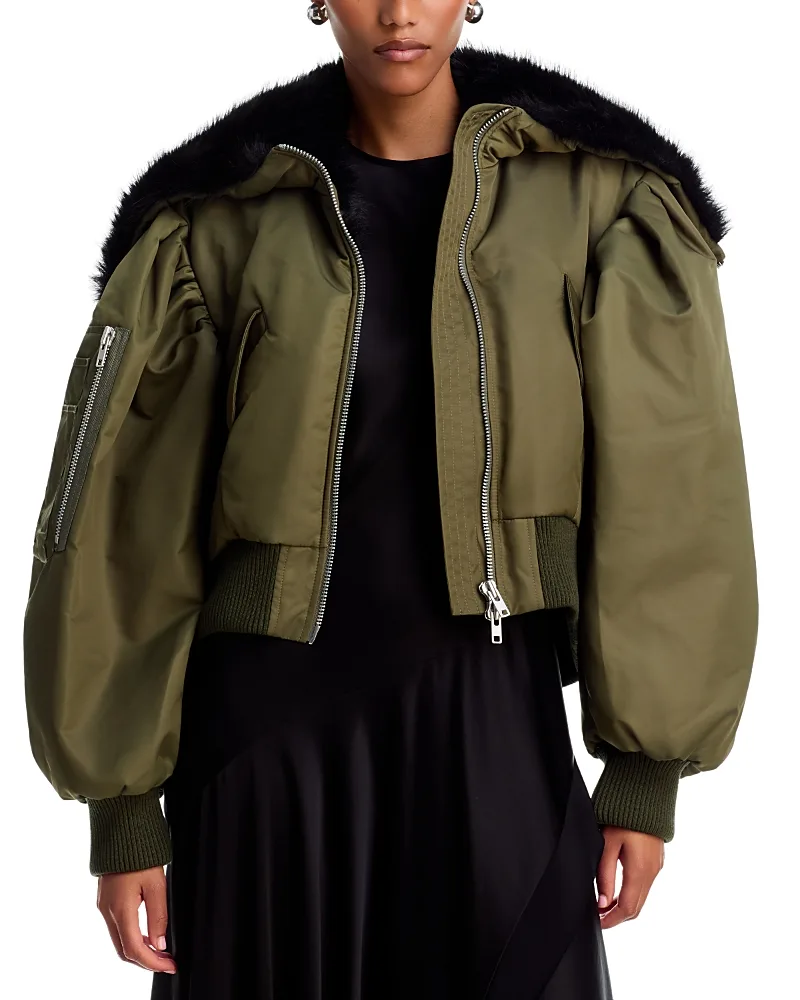 Split Faux Fur Hood Cropped Bomber Jacket by Simone Rocha