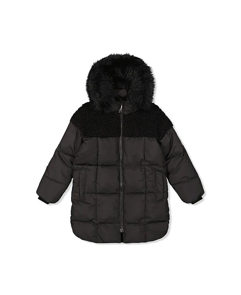 Long Fleece Lined Faux Fur Hood Winter Puffer Coat by Deux Par Deux