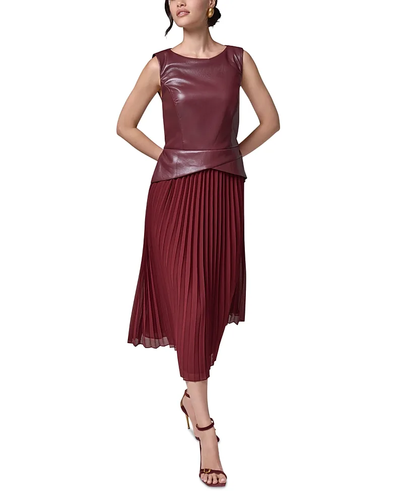 Sleeveless Faux Leather Bodice Pleated Skirt Midi Dress by Donna Karan New York