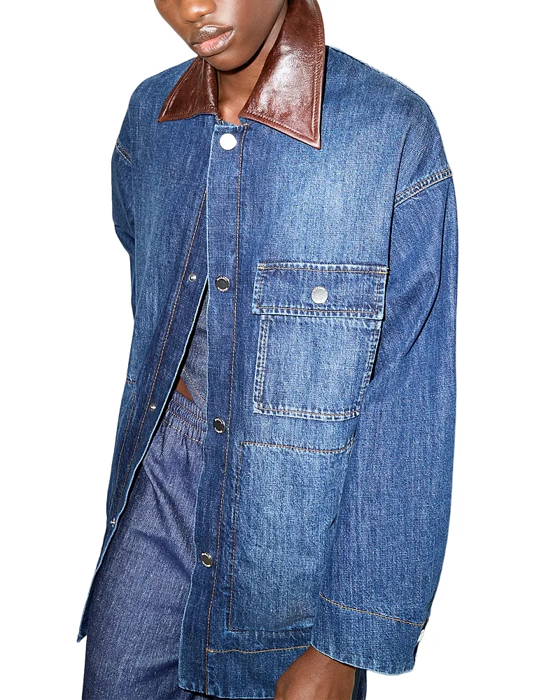 Pelota Leather Collar Cotton Blend Denim Shacket by Max & co.