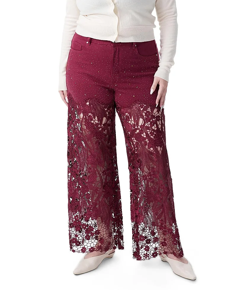 Embroidery High Rise Wide Leg Lace Jeans with Rhinestone by Bayeas