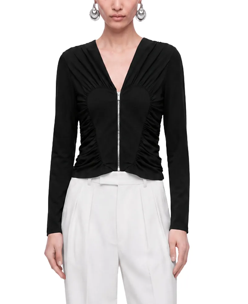 Ruffle Trim Zip Front Blouse by Nocturne