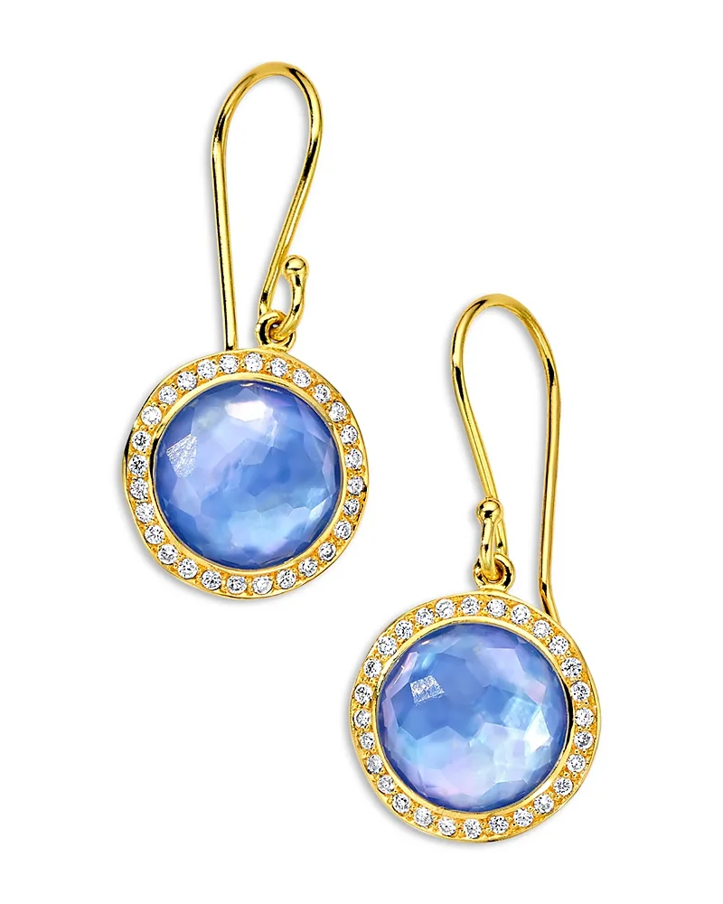 18K Yellow Gold Lollipop Quartz Over Mother of Pearl Over Lapis Triplet & Diamond Halo Drop Earrings by Ippolita
