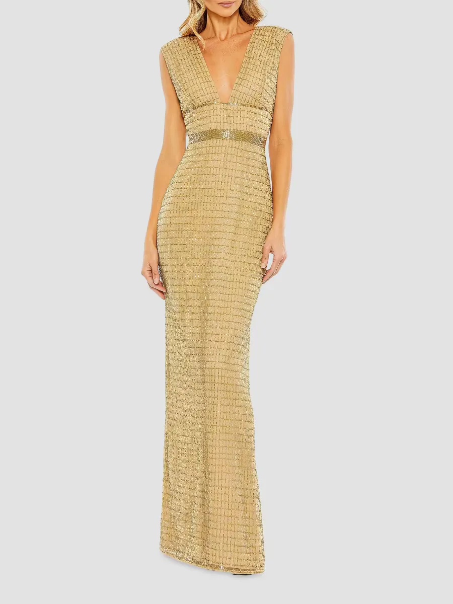 Mac Duggal Beaded V-Neck Column Gown