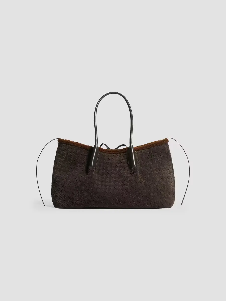 Large Pinacoteca Intrecciato Suede & Shearling Tote Bag by Bottega Veneta