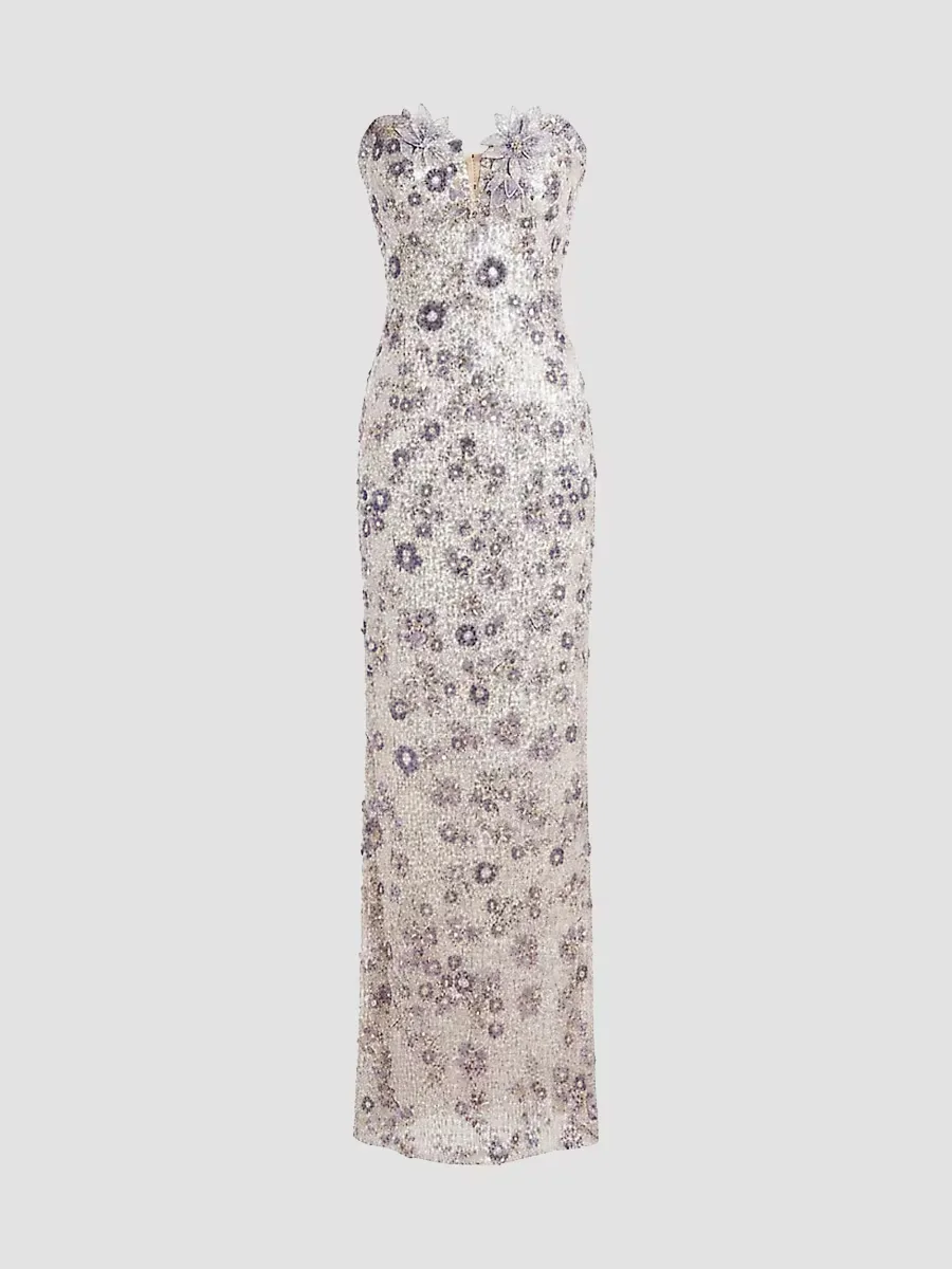 Teresa 3D Flowers Sequin-Embellished Column Gown