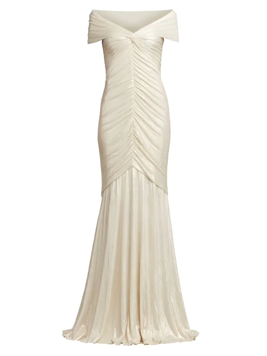 Metallic Lace Shirred Gown by Tadashi