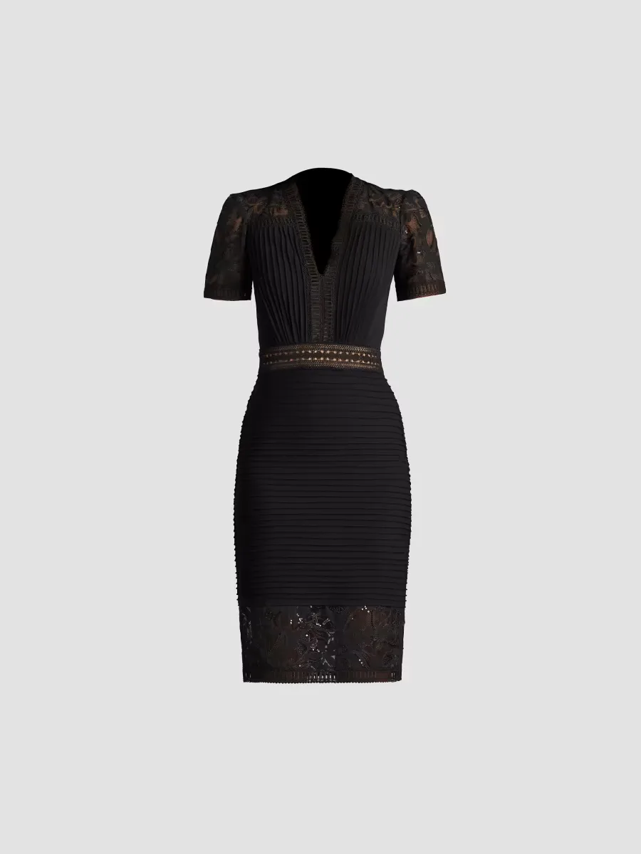 Pintuck Laced Sheath Knee-Length Dress