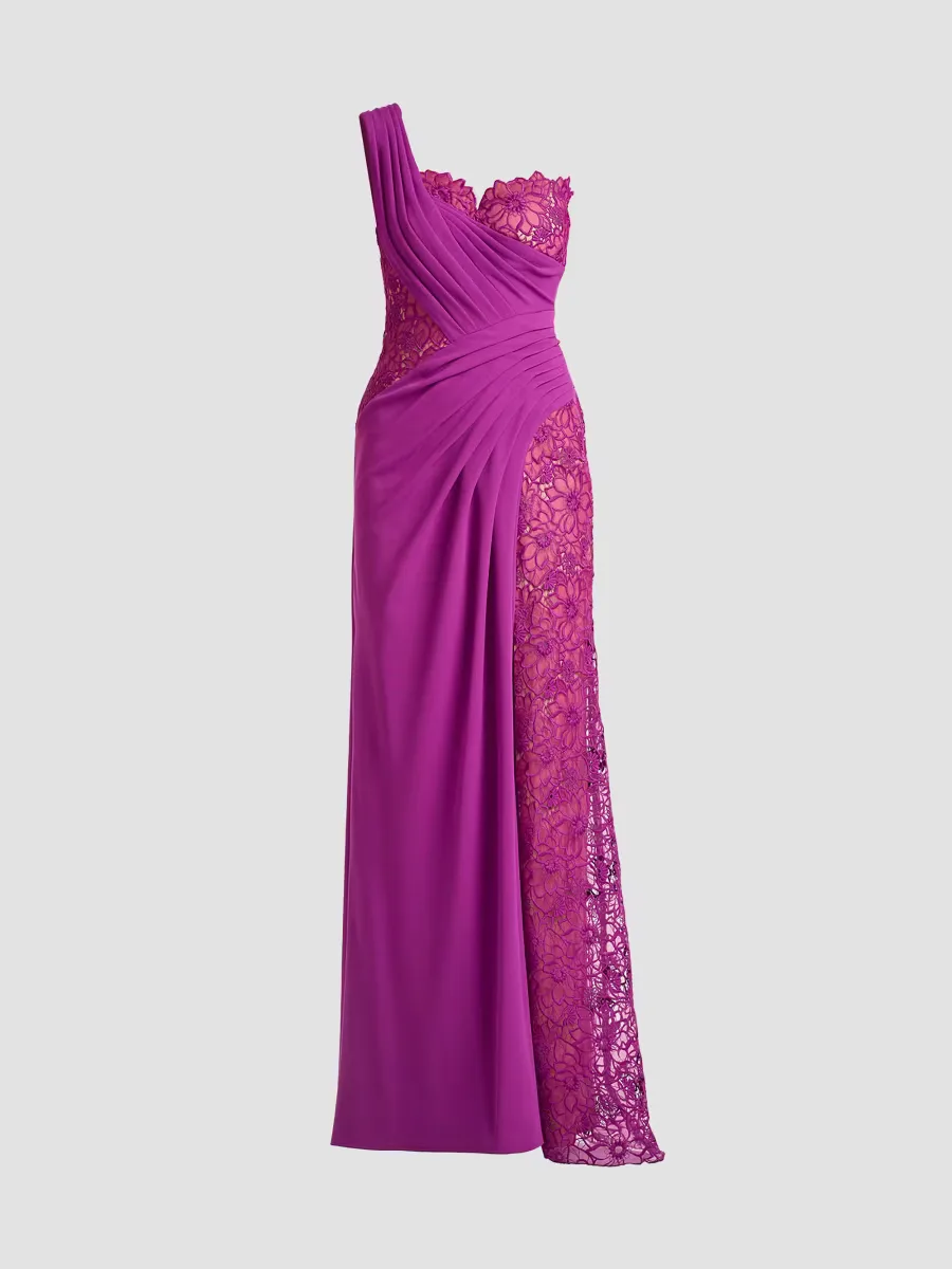 Calandra Embroidered Pleated One-Shoulder Gown by Tadashi