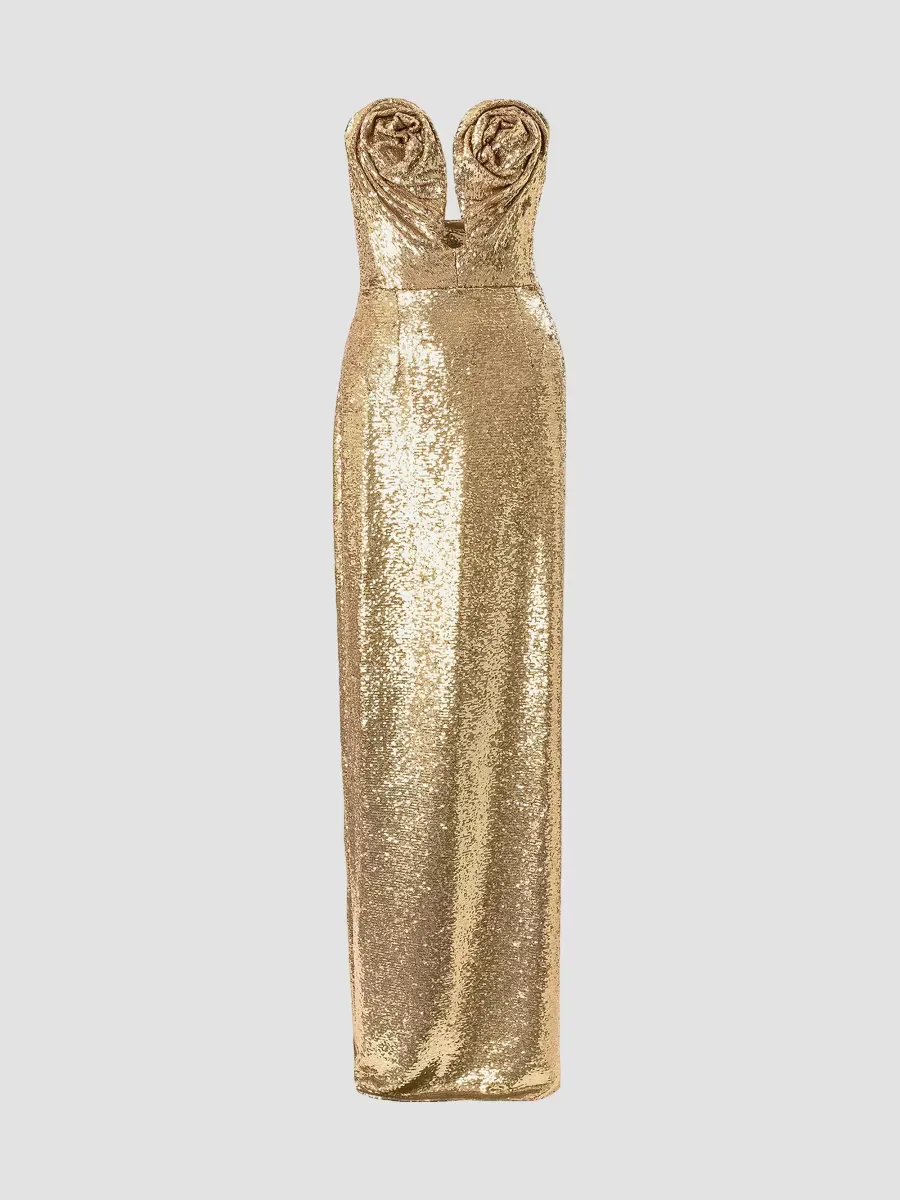 Sequined Rosette U-Neck Column Gown by Carolina Herrera