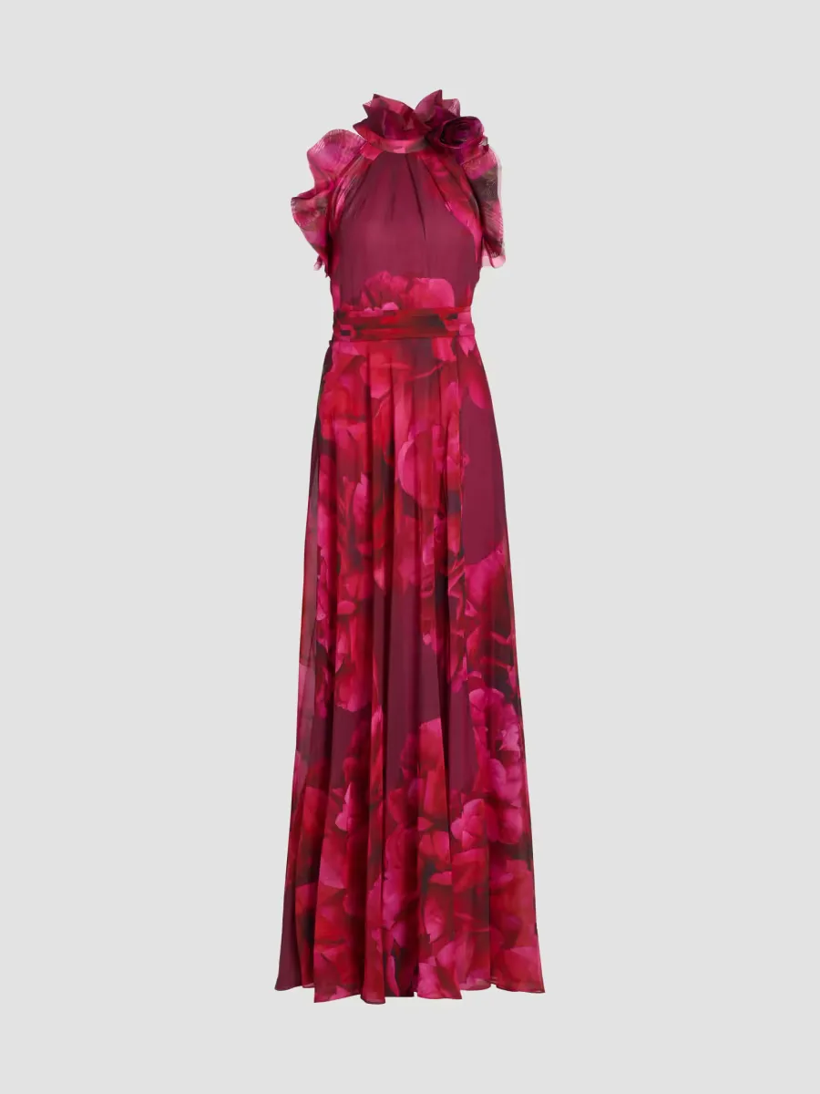 Teri Jon by Rickie Freeman Ruffled Floral Chiffon Organza Halterneck Gown