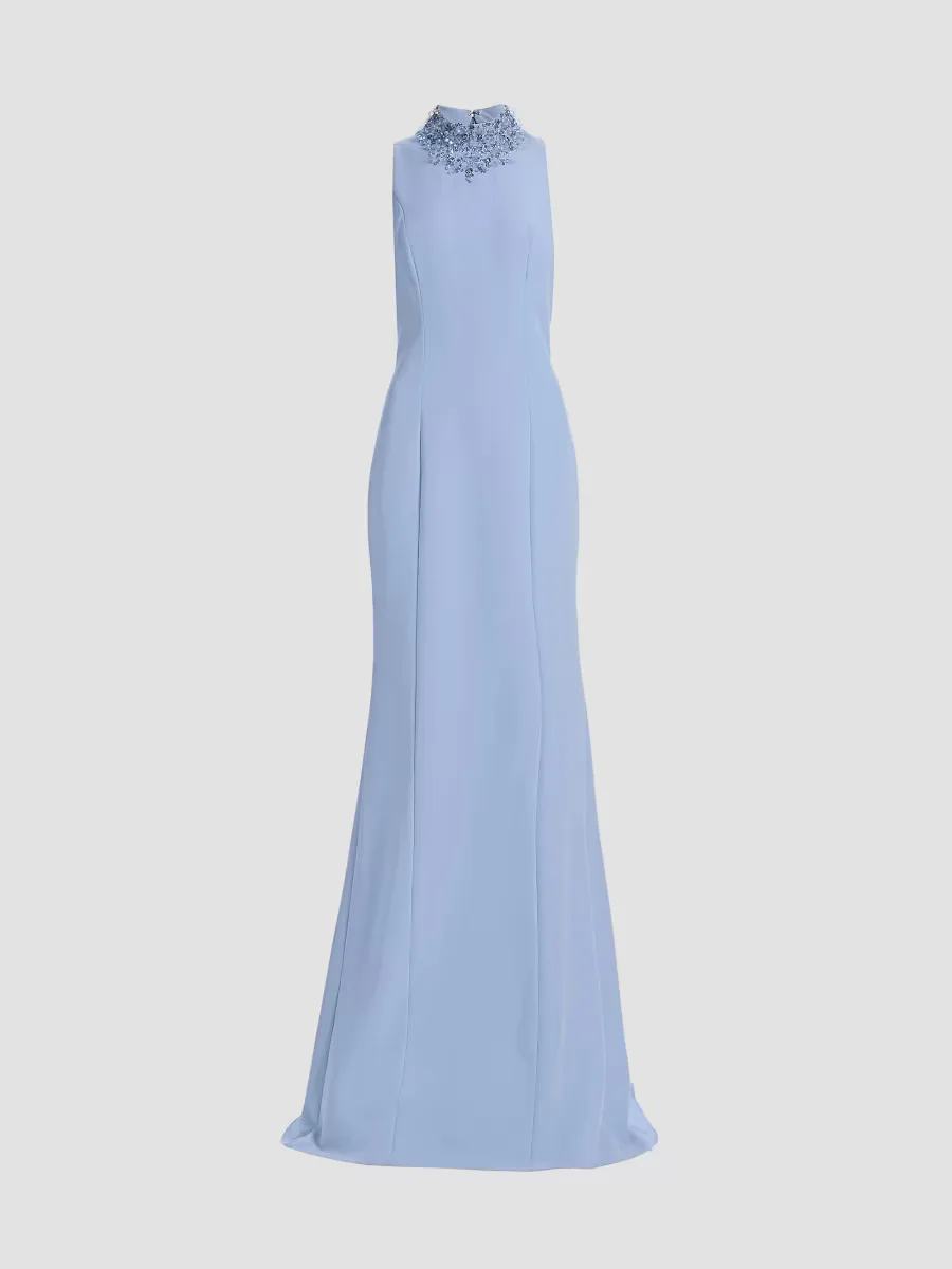 Teri Jon by Rickie Freeman Crepe Beaded Neck Column Gown