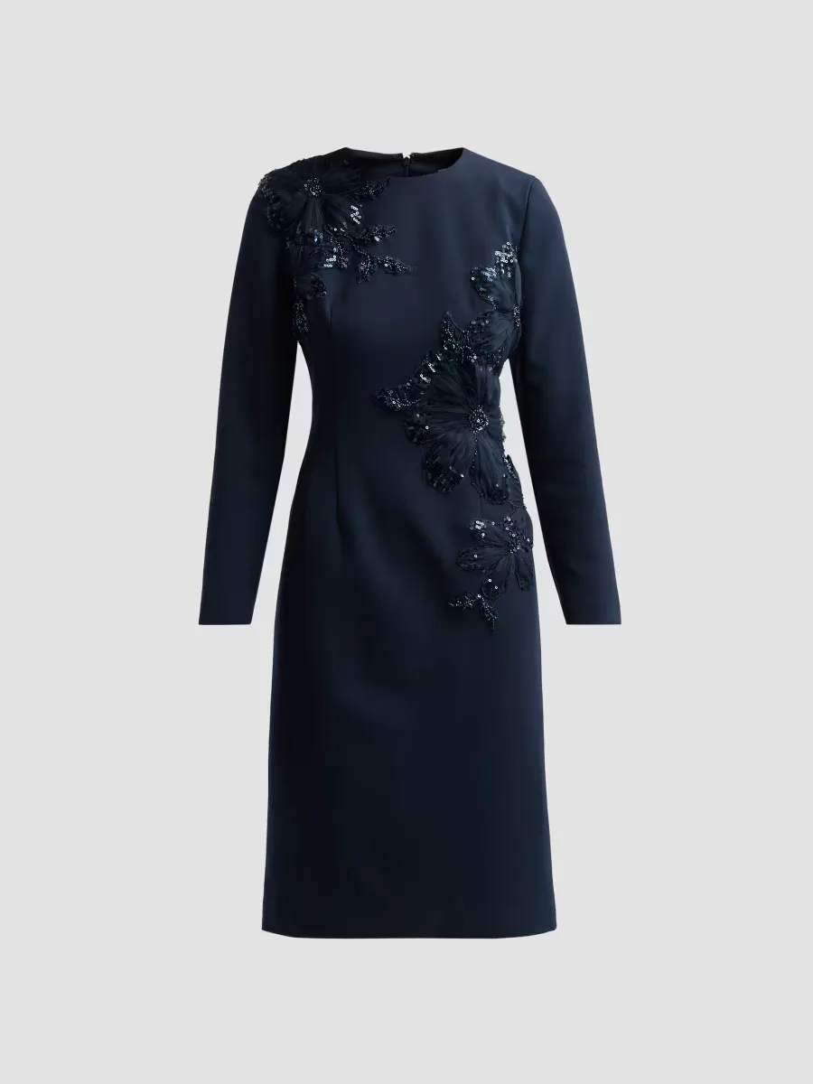 Teri Jon by Rickie Freeman Crepe Sequined Appliqu Sheath Dress by Teri Jon