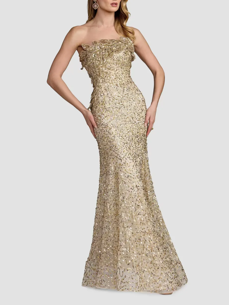 Mac Duggal Strapless Beaded Mesh Trumpet Gown