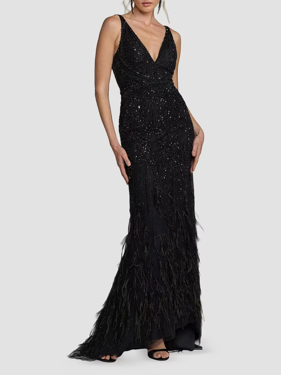 Mac Duggal Embellished Feather-Trim V-Neck Gown by M.A.C.