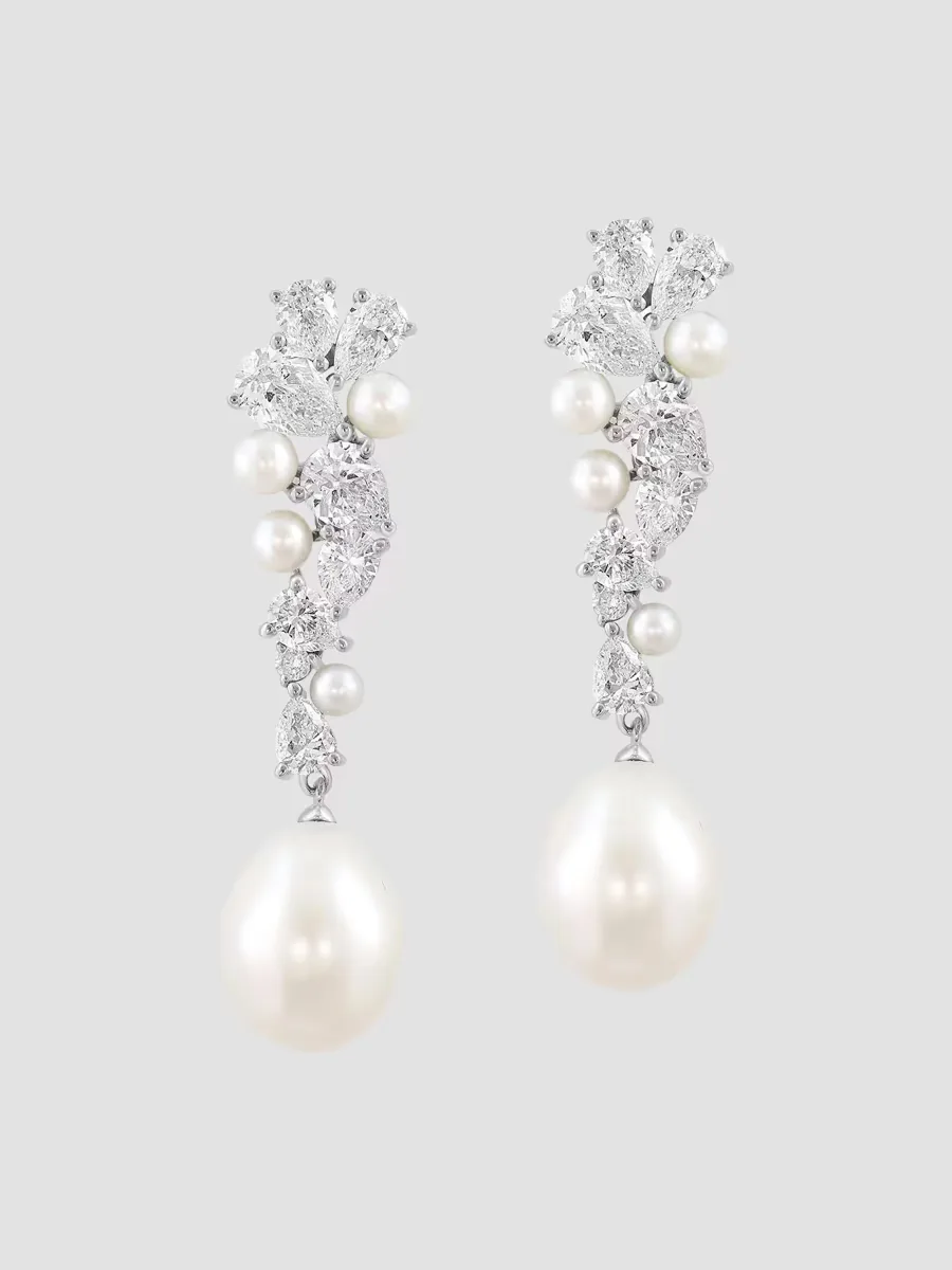 18K White Gold, 2.79 TCW Lab-Grown Diamond & Freshwater Pearl Drop Earrings