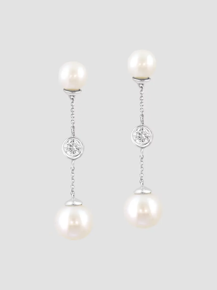 18K White Gold, 0.50 TCW Lab-Grown Diamond & Freshwater Pearl Drop Earrings