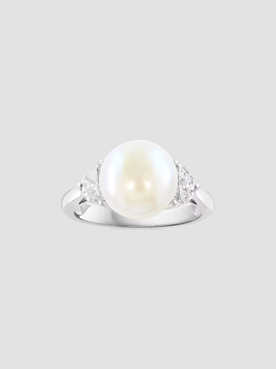 18K White Gold, 0.57 TCW Lab-Grown Diamond & Freshwater Pearl Ring by Pearls