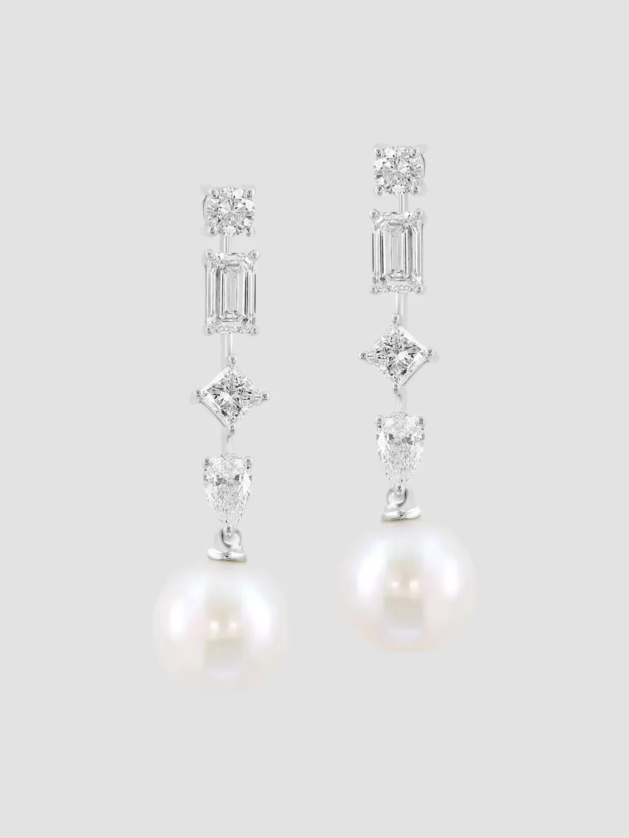 18K White Gold, 1.53 TCW Lab-Grown Diamond & Freshwater Pearl Drop Earrings by Pearls