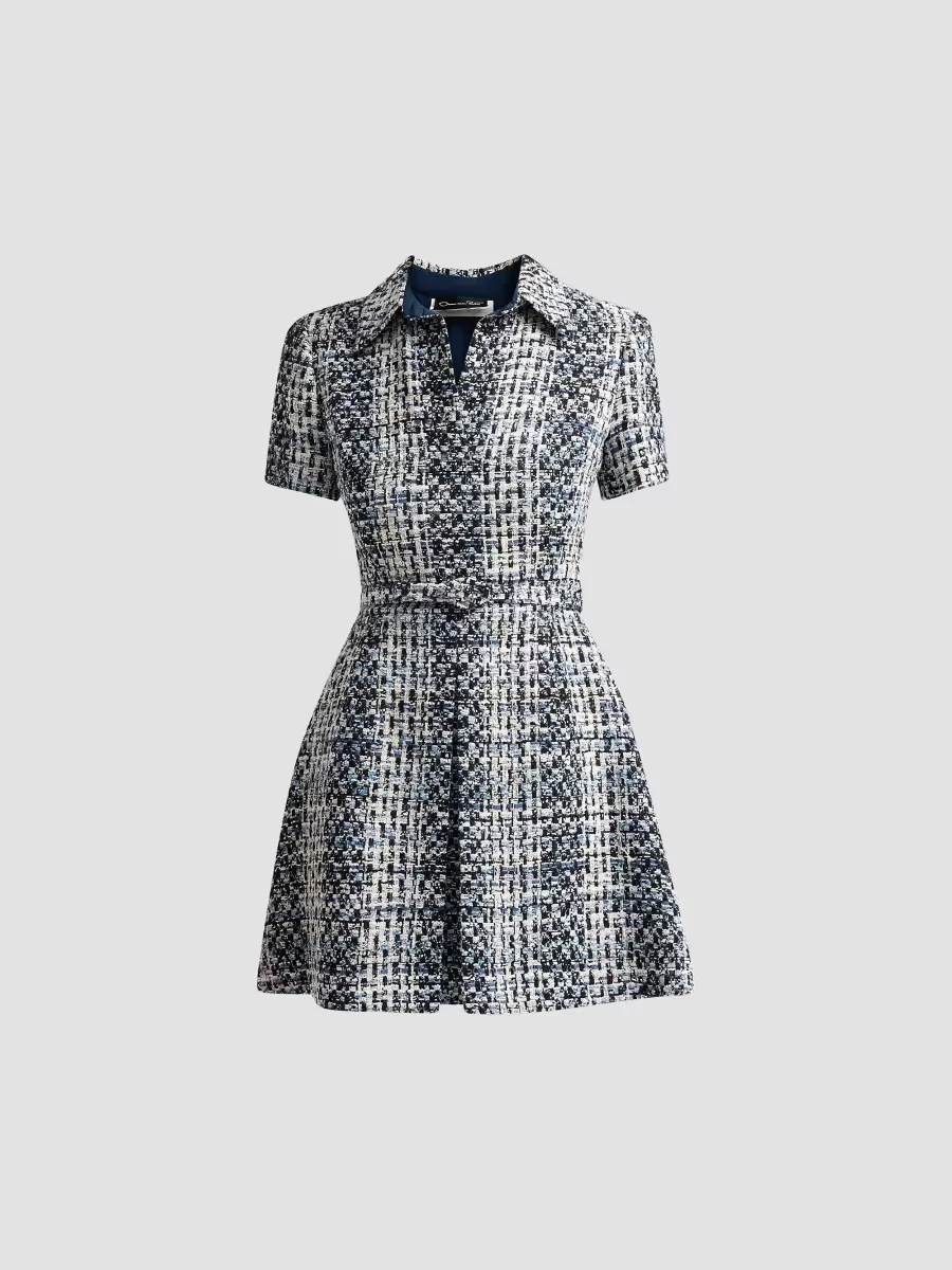 Cotton-Blend Tweed Belted Mini Shirtdress