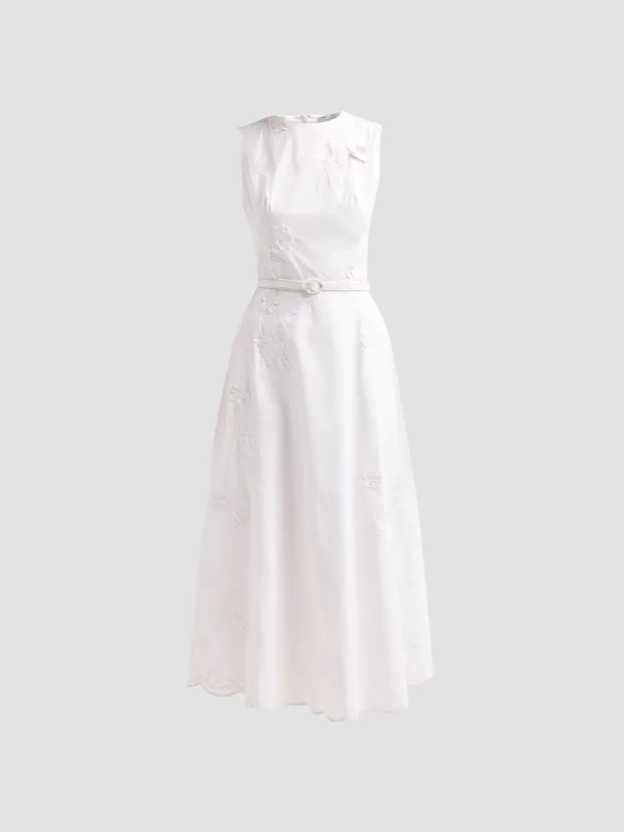 Floral-Embroidered Poplin Sateen Day Dress by Oscar de la Renta