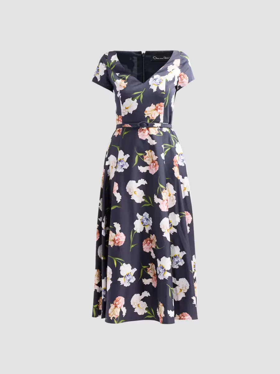 Painted Iris Poplin Day Dress by Oscar de la Renta